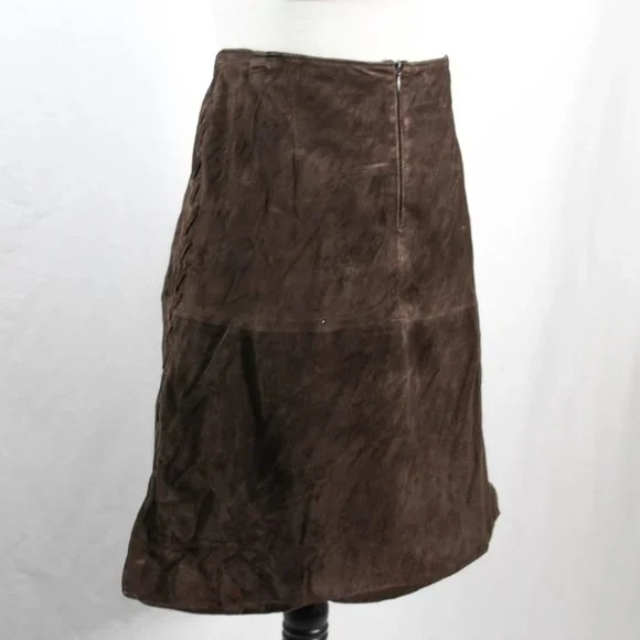 Vintage 1990s Chocolate Brown 100% Leather Sueded Skirt with Side Stitch - Picture 1 of 14